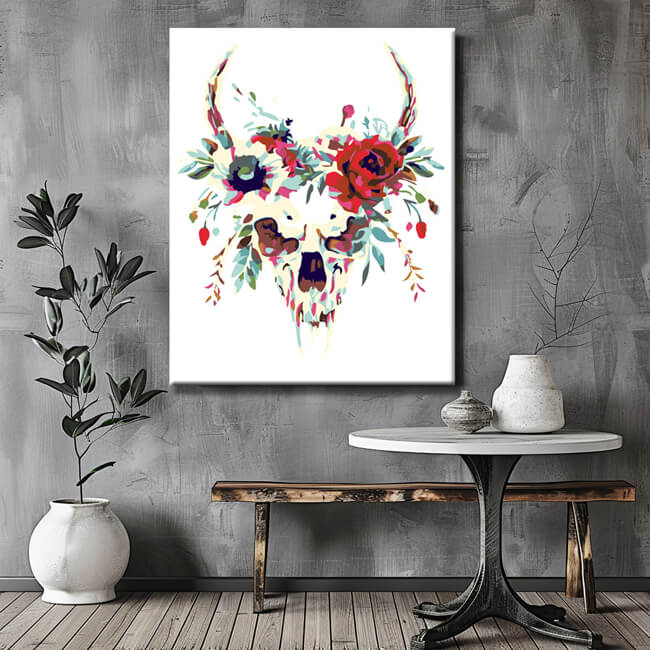 Paint by numbers skull with poppy motif