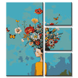Painting by Numbers Abstract Art Portrait with Flowers on Head 4 Panel