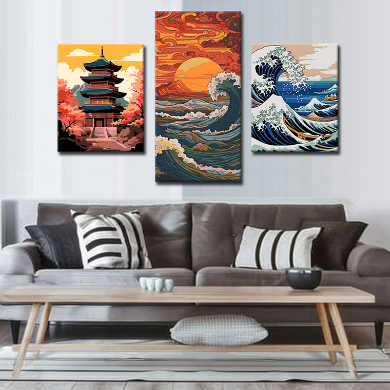 Image wall with Japanese cultural elements: Japanese Temple and Gemälde inspired by 'The Great Wells of Kanagawa', 3 parts