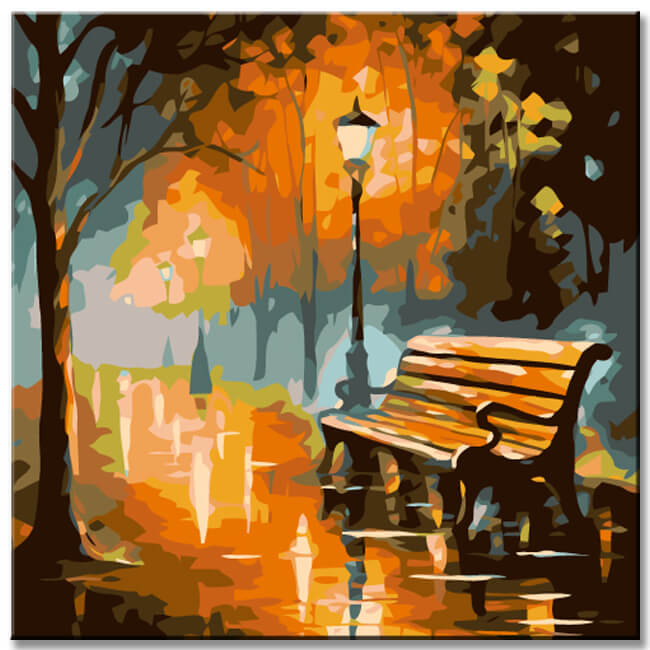 Painting by numbers city park with bench in the evening