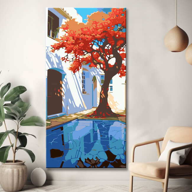 Red tree in front of the door - painting by numbers
