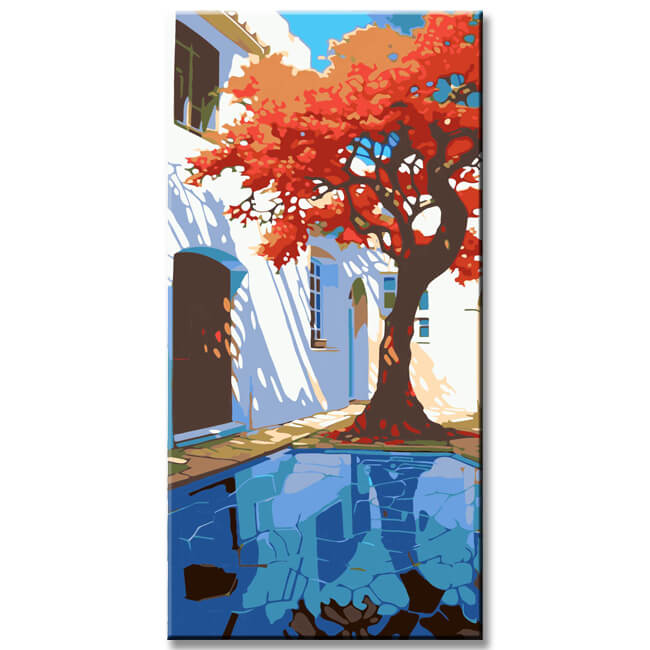 Red tree in front of the door - painting by numbers