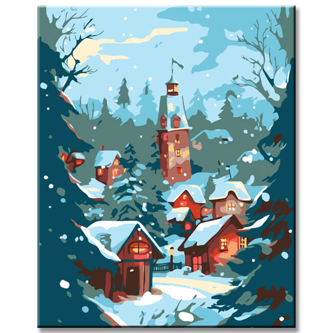 Painting by numbers village in winter