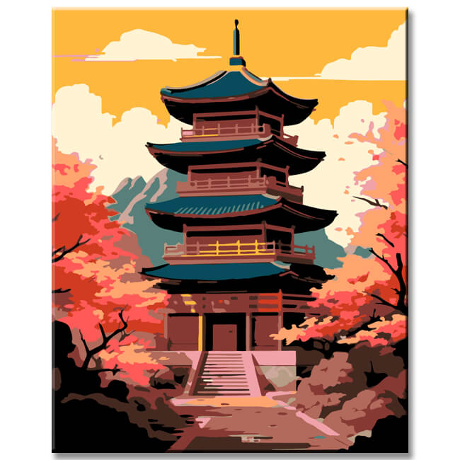 Image wall with Japanese cultural elements: Japanese Temple and Gemälde inspired by 'The Great Wells of Kanagawa', 3 parts