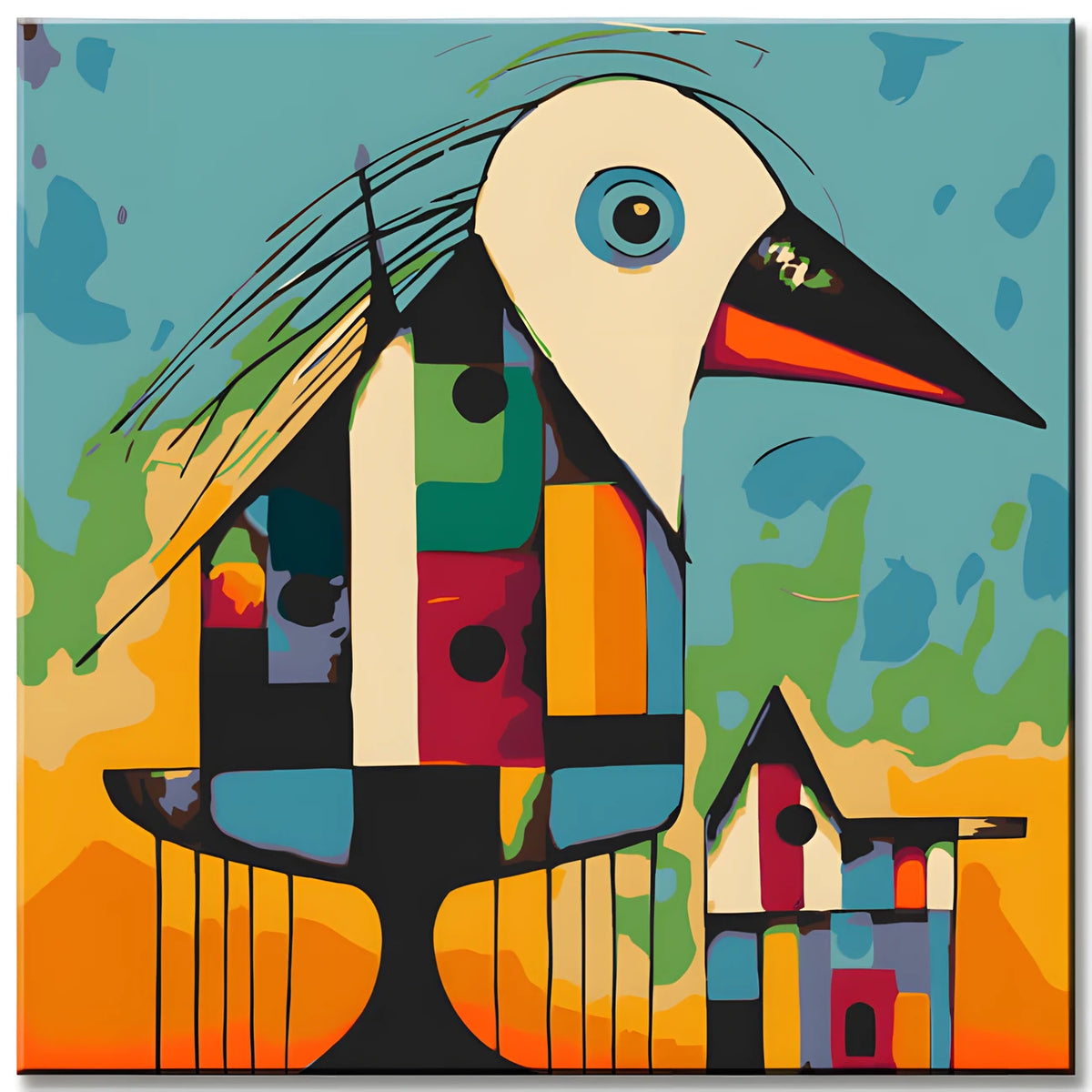 Bird on Birdhouse in Picasso Style Painting by Numbers