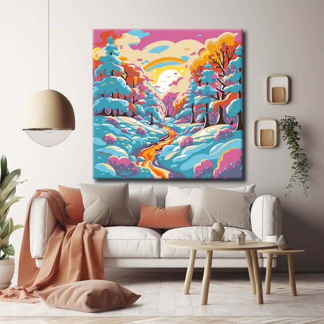 Painting by numbers: winter landscape at sunset