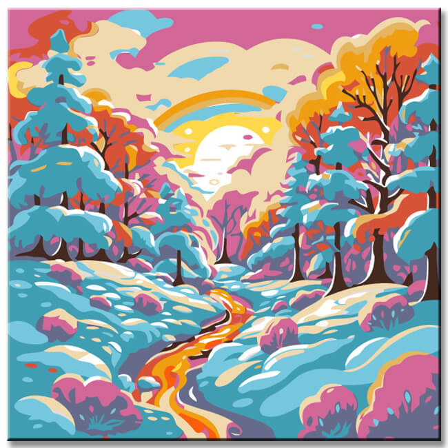 Painting by numbers: winter landscape at sunset