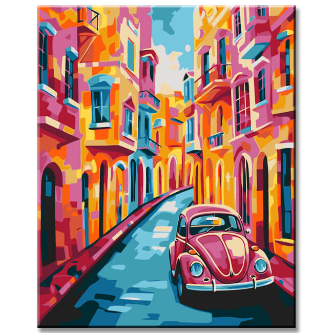 Painting by numbers: picturesque old town with car art
