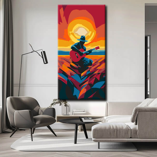 Painting by numbers: guitar player in the sunset