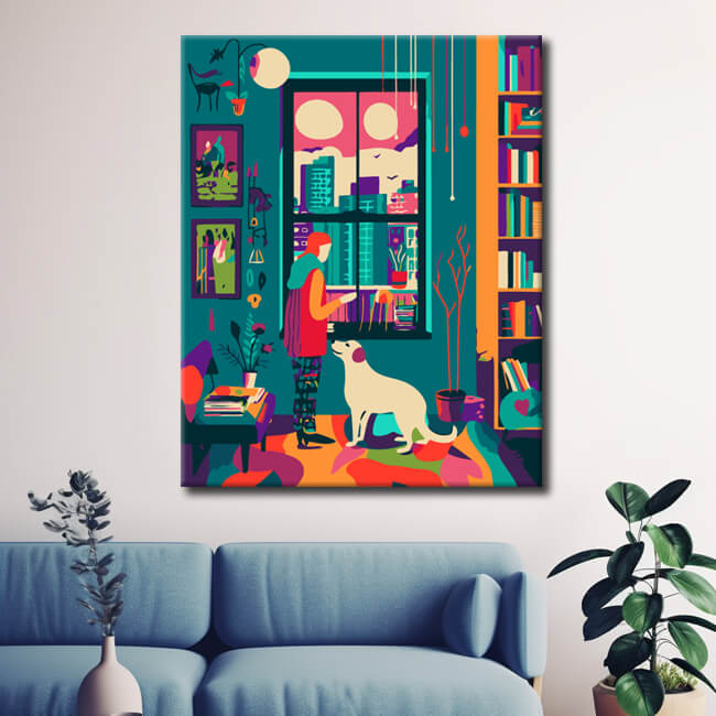 Painting by numbers: city apartment dog with woman