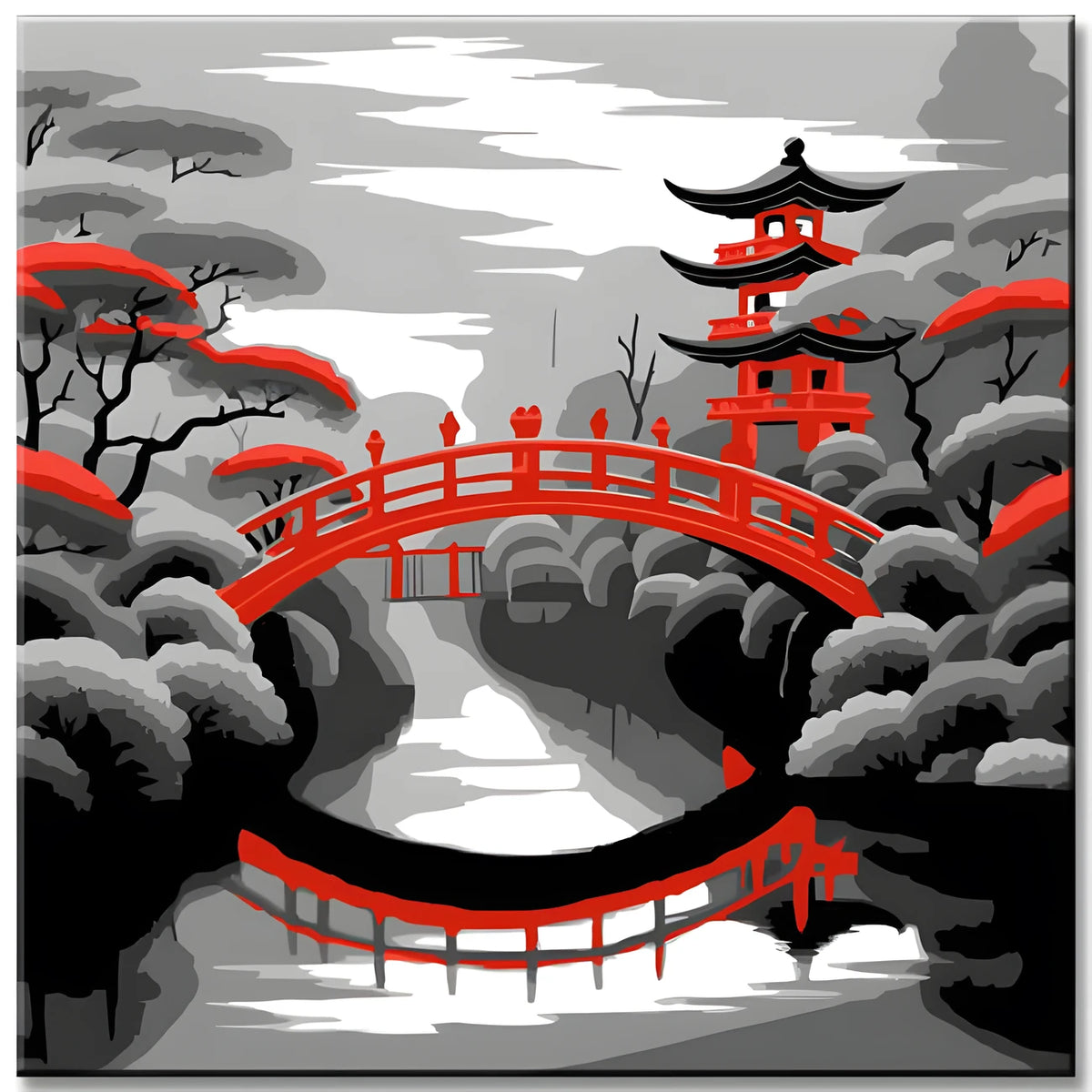 Paint by Numbers Black and White Red Bridge
