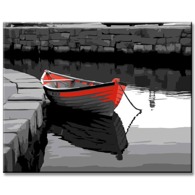 Red boat in the harbor - painting by numbers