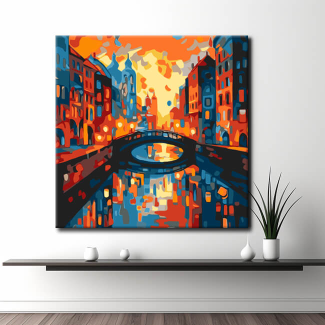 Painting by numbers harbor town with bridge