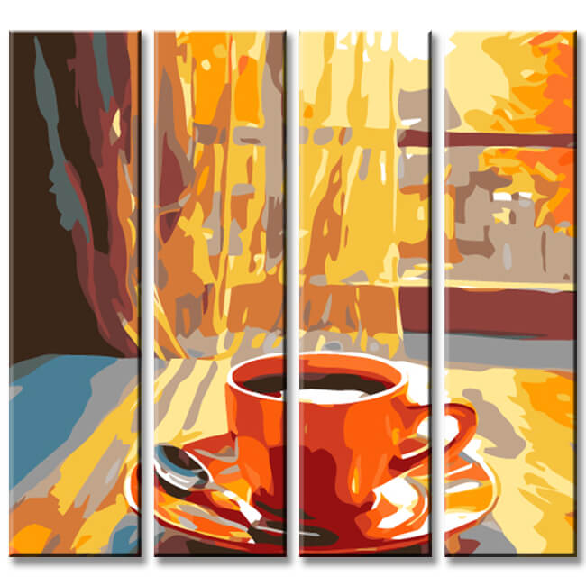 Still Life Coffee Cup Art Painting Paint by Numbers 4 Panel