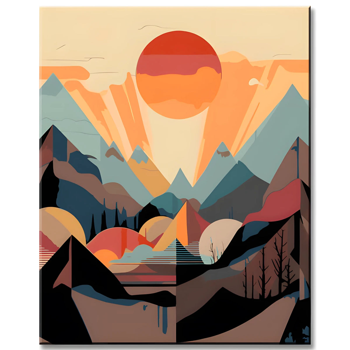 Paint by Numbers Landscape Poster with Mountains and Sun