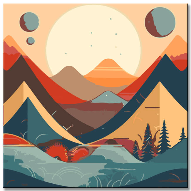 Painting by numbers - Minimalist landscape poster: mountains, sun, day and night, boho midcentury