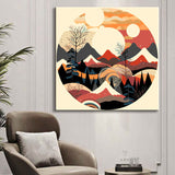 Painting by numbers - Minimalist landscape poster: mountains, sun, day and night, boho midcentury