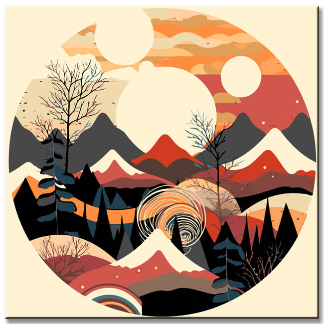 Painting by numbers - Minimalist landscape poster: mountains, sun, day and night, boho midcentury
