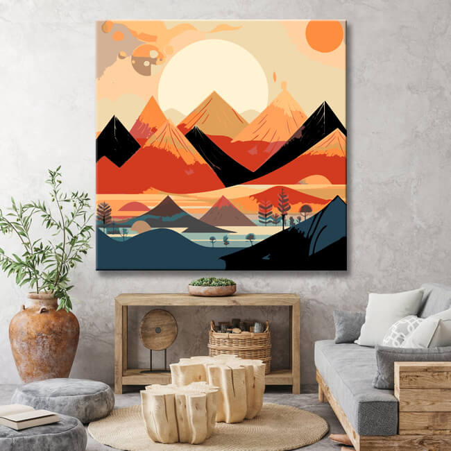 Painting by numbers - Minimalist landscape poster: mountains, sun, day and night, boho midcentury