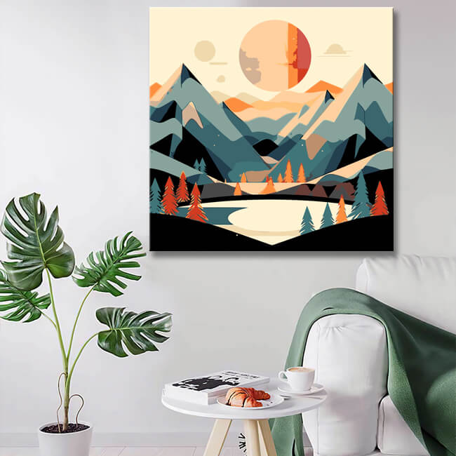 Painting by numbers - Minimalist landscape poster: mountains, sun, day and night, boho midcentury