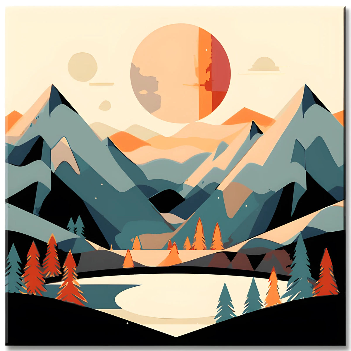 Paint by numbers poster with mountains and trees in the background