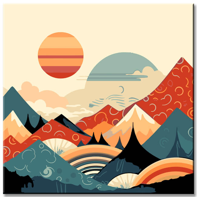 Painting by numbers - Minimalist landscape poster: mountains, sun, day and night, boho midcentury