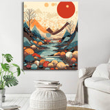 Painting by numbers - Minimalist landscape: mountains, sun, day and night, boho-midcentury art