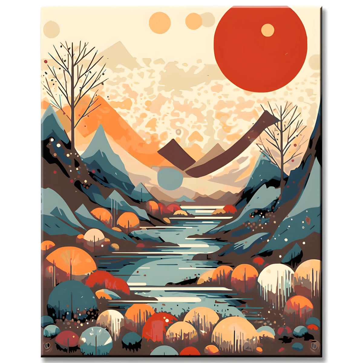 Paint by numbers landscape painting of a river with mountains and trees