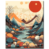 Painting by numbers - Minimalist landscape: mountains, sun, day and night, boho-midcentury art