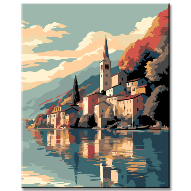 Painting by Numbers Village by The Lake in The Mountains