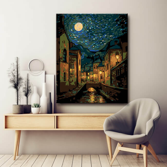 Moonlight old town at night - painting by numbers