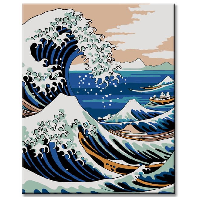 Image wall with Japanese cultural elements: Japanese Temple and Gemälde inspired by 'The Great Wells of Kanagawa', 3 parts