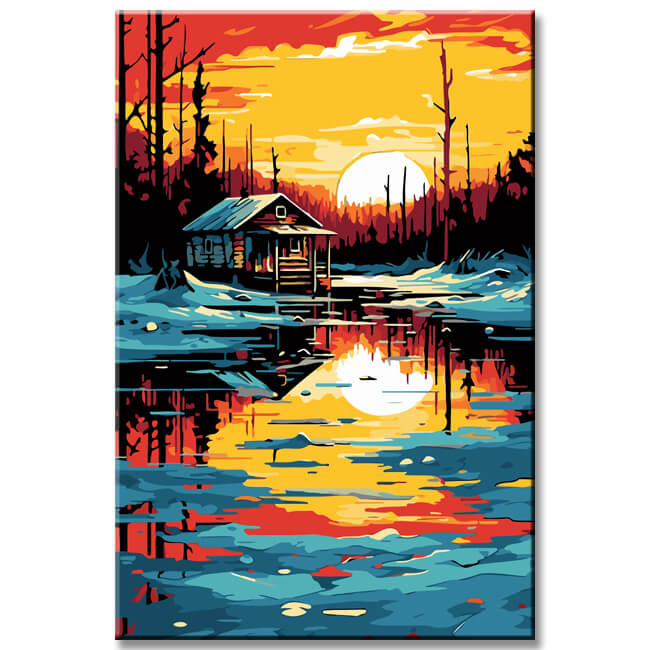Wooden House in Winter Landscape Painting by Numbers