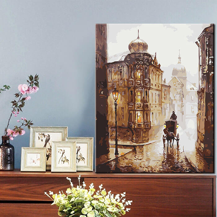 Painting by numbers horse-drawn carriage in the rain of Russia