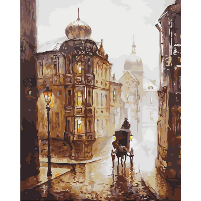 Painting by numbers horse-drawn carriage in the rain of Russia