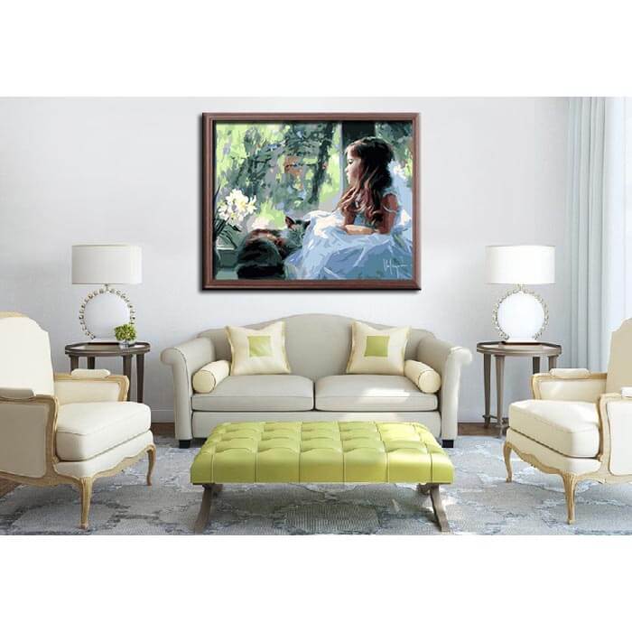 Painting by numbers child with cat