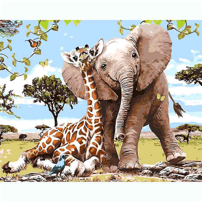 Painting by Numbers Animals Elephant and Giraffe in Love