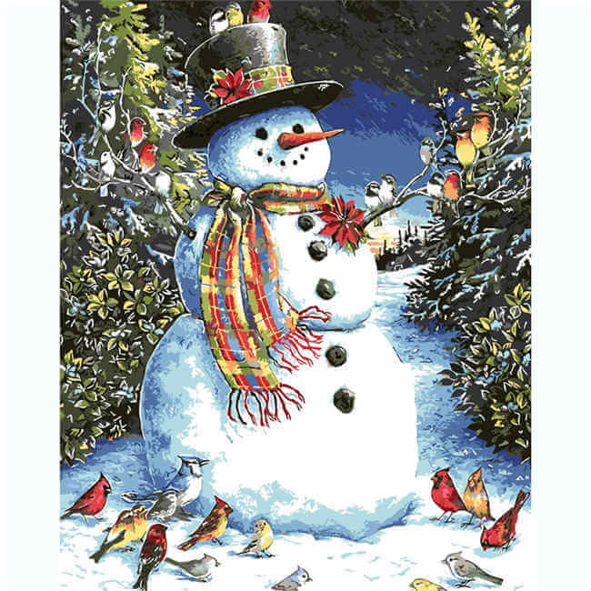 Painting by Numbers Pictures Snowman with Birds Ready-Made