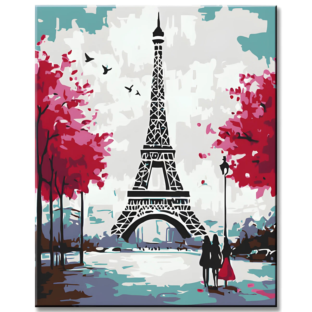 Paint-by-number Eiffel Tower in black and white with red trees