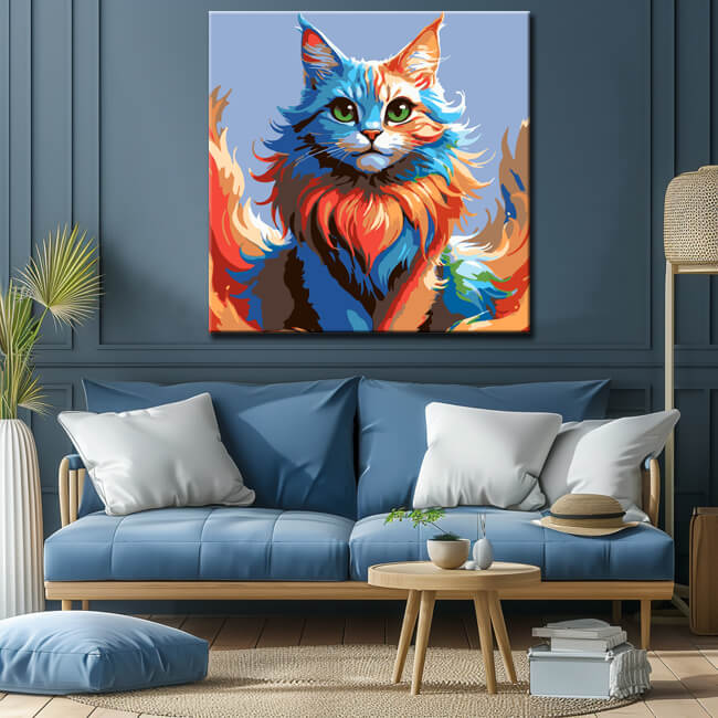 Painting by numbers cat head in rainbow colors
