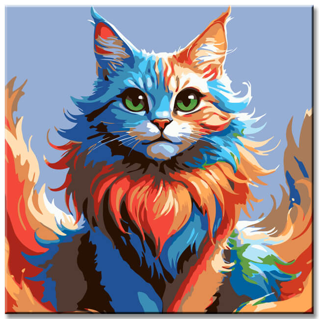 Painting by numbers cat head in rainbow colors