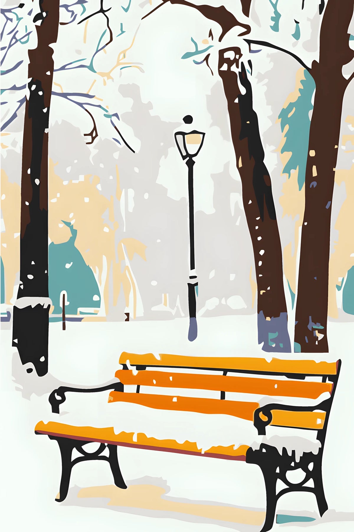 Painting by Numbers Winter Yellow Park Bench