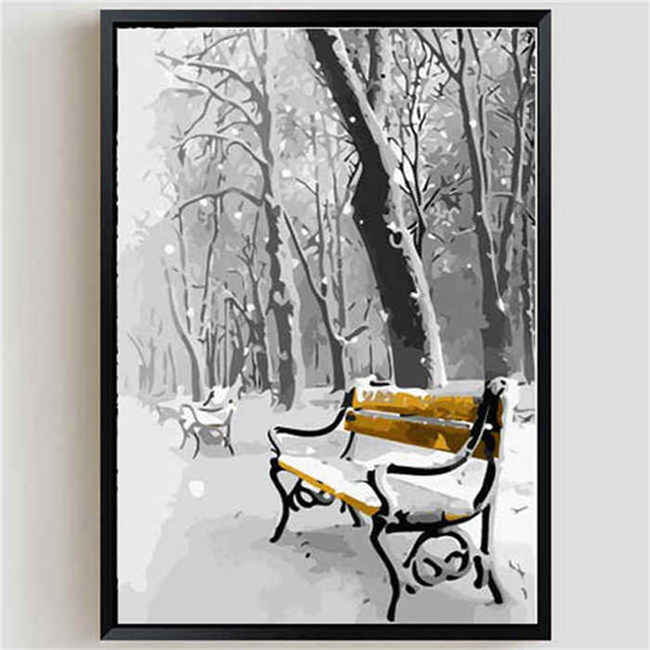 Painting by Numbers Winter Yellow Park Bench