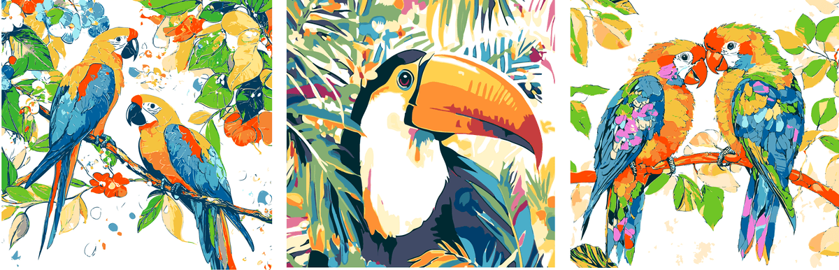 Paint by Numbers Triptych Parrots Butterflies Toucan