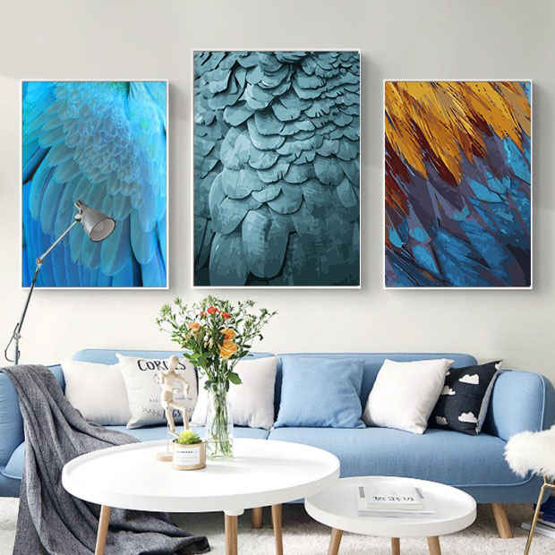 Painting by Numbers Triptych Feather Dress Plumage Blue Colorful