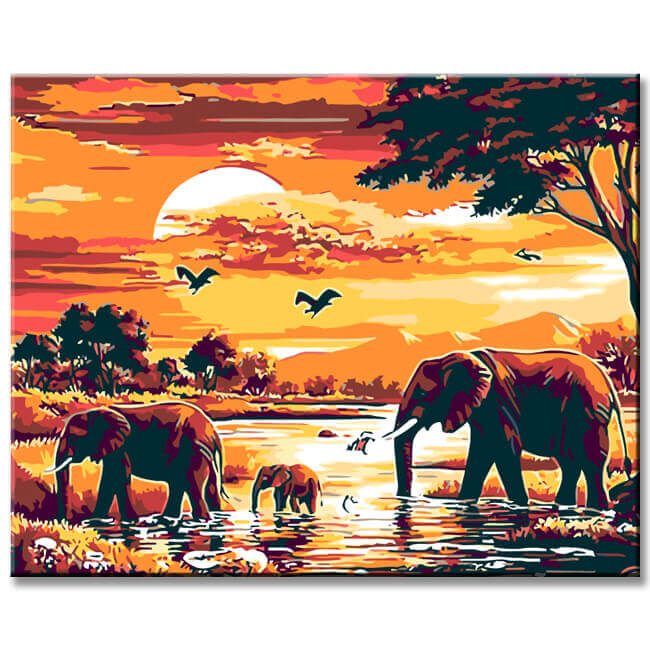 Paint by Numbers Elephants Looking for Water