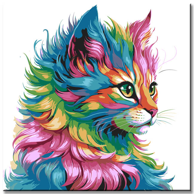 Painting by numbers cat in rainbow colors