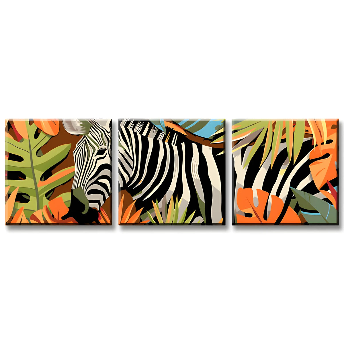 Paint by Numbers Triptych Zebra Behind Leaves 3-panel