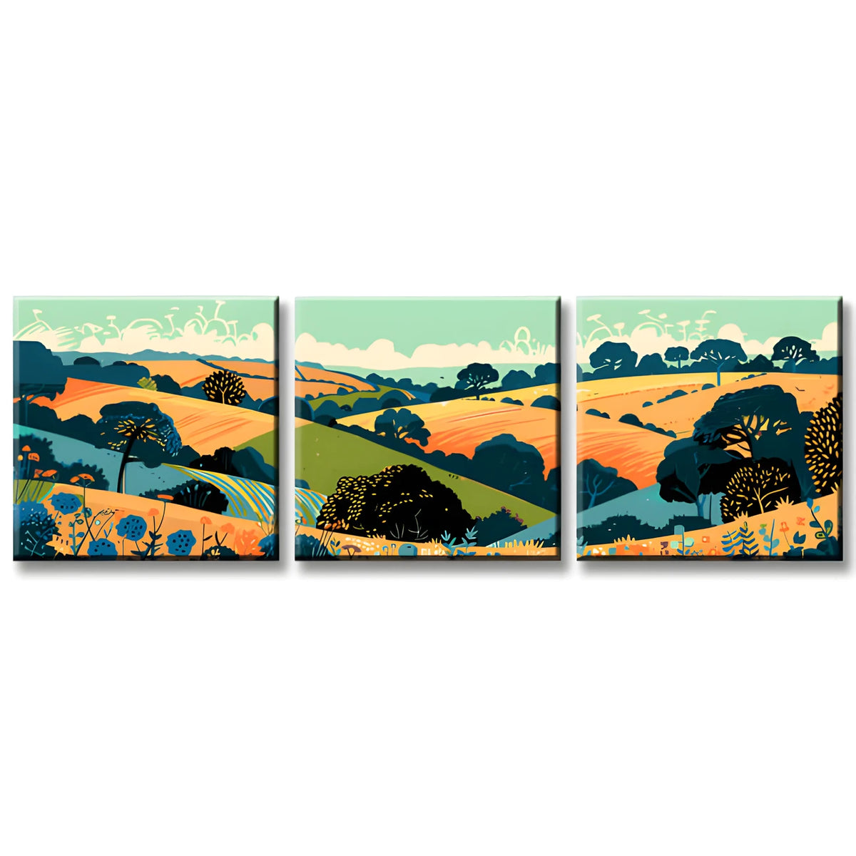 Paint by Numbers Triptych Landscape with Trees and Hills 3-panel