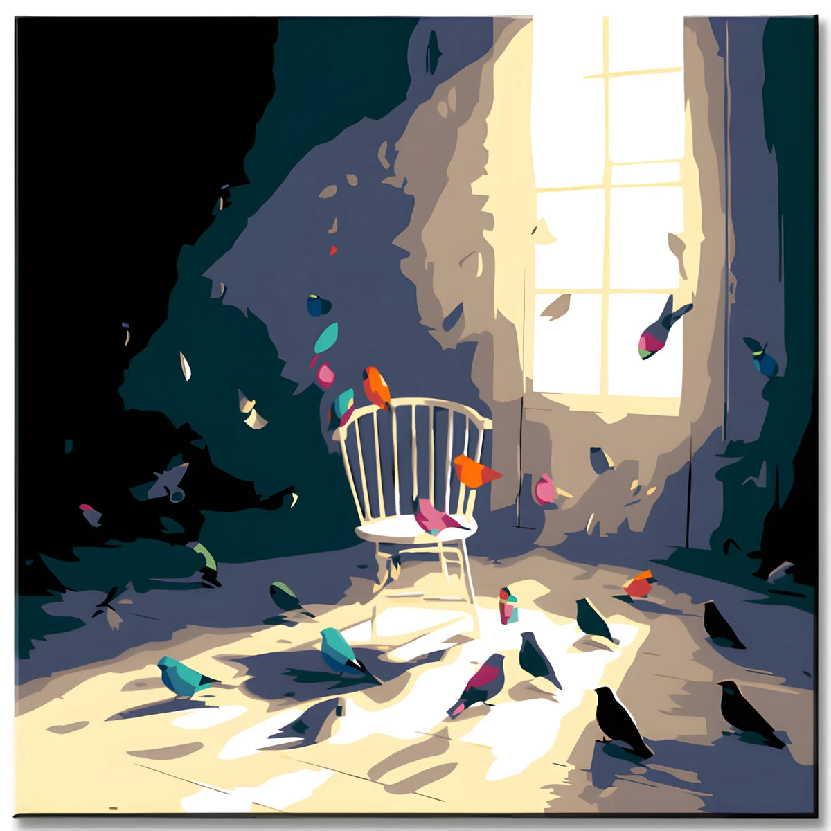 Paint by Numbers Abstract Empty Chair by the Window with Birds